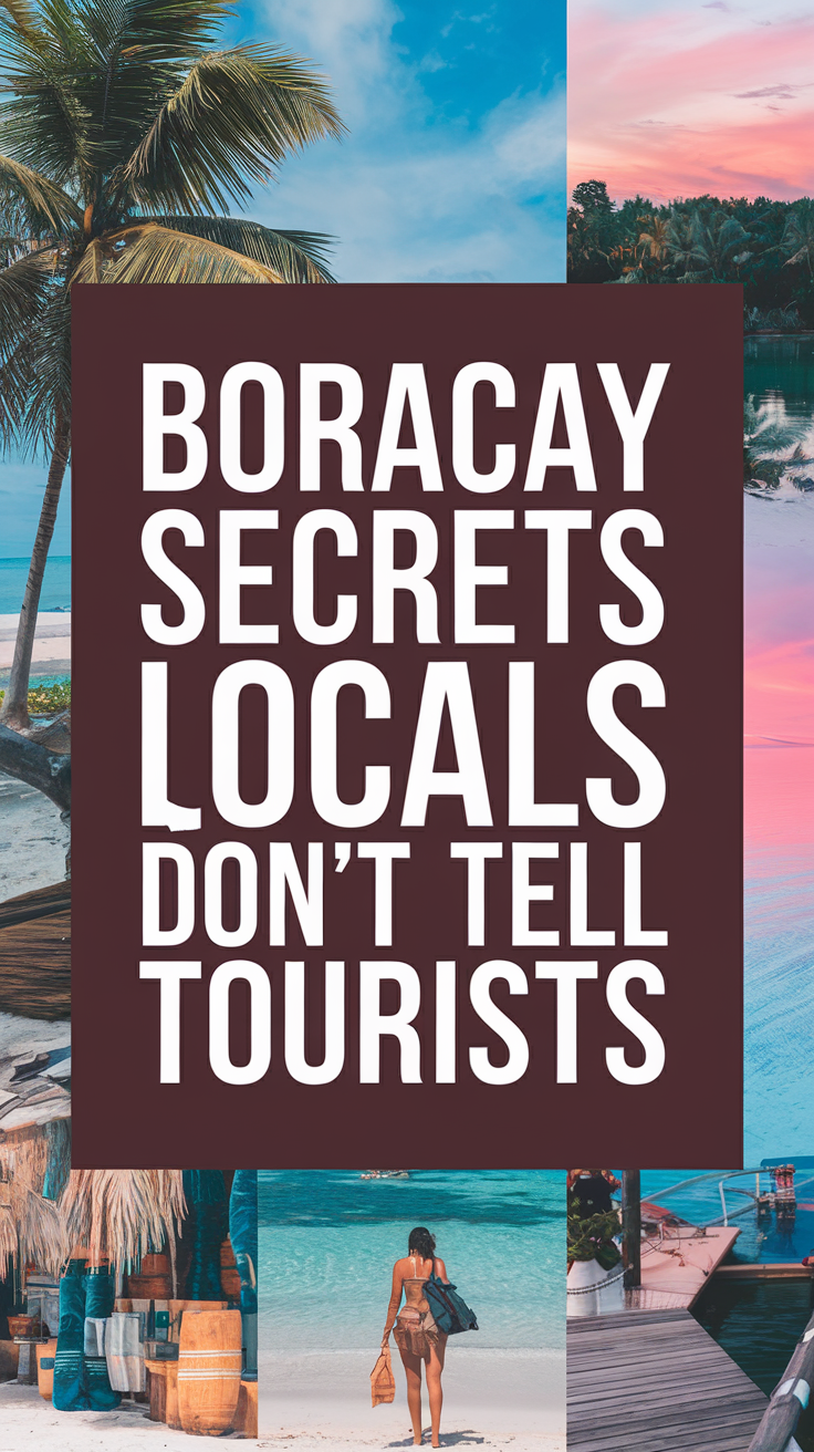 Big text overlay saying: Boracay Secrets Locals Don’t Tell Tourists, in thick bold white lettering inside a dark box, surrounded by a collage of vibrant and realistic images capturing the hidden beauty and local culture of Boracay.
