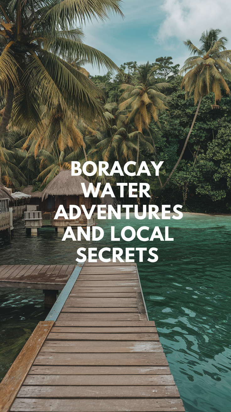 Big text overlay saying: Boracay Water Adventures and Local Secrets. Realistic beach scene highlighting thrilling water activities and hidden local spots in Boracay.