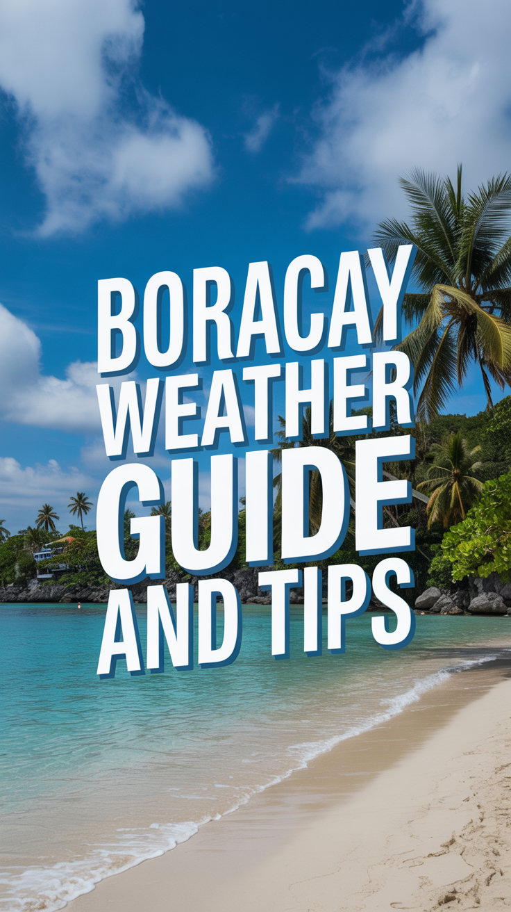 A vibrant travel poster showcasing a pristine white-sand beach in Boracay, Philippines, with turquoise water gently lapping the shore. Large, bold text reads "Boracay Weather Guide and Tips" in a modern, playful font. Lush palm trees sway along the coastline under a clear blue sky with fluffy white clouds, evoking ideal tropical conditions and an inviting vacation atmosphere.