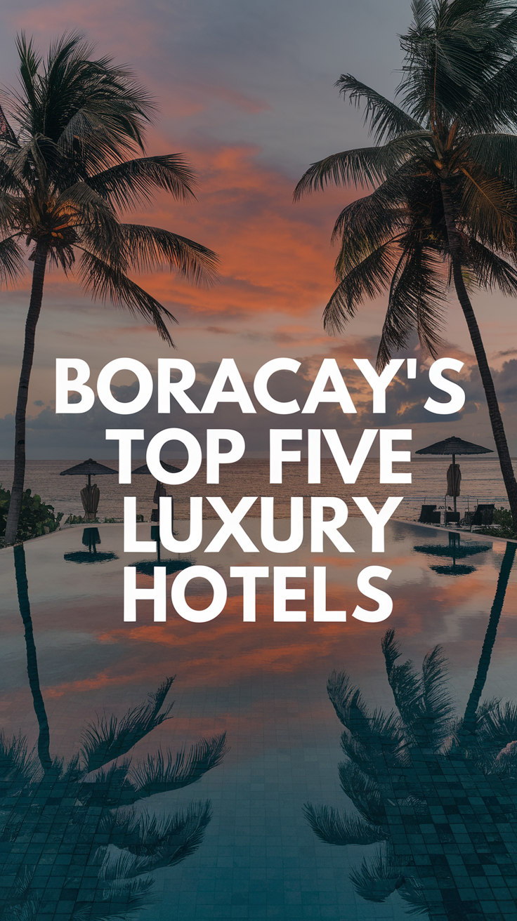 Boracay's Top Five Luxury Hotels in large bold text overlay on a realistic tropical beach background.