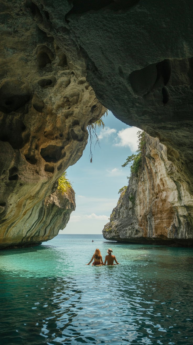 Couple enjoying Crystal Cove cave entrance on Boracay