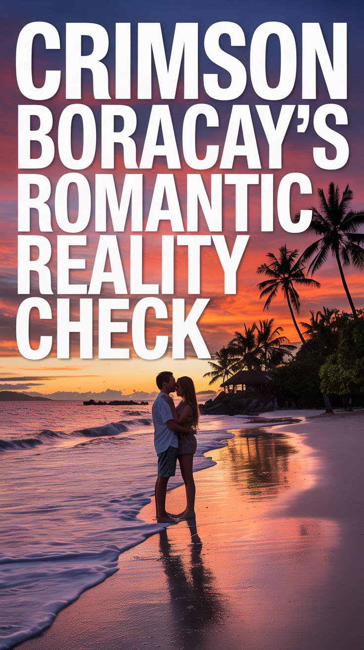 A striking travel poster advertising "Crimson Boracay's Romantic Reality Check," featuring a silhouetted couple embracing against a vibrant crimson and orange sunset on the white sands of Boracay, Philippines, with gentle waves at their feet and swaying palm trees in the background, all highlighted by bold contemporary typography.