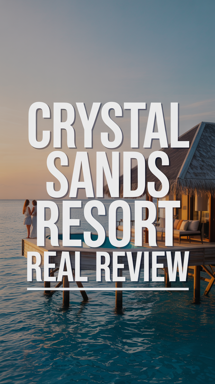 A stunning lifestyle advertisement for Crystal Sands Resort showcasing a luxurious overwater bungalow at sunset, with crystal-clear turquoise water stretching out to the horizon. The bungalow features a private infinity pool and comfortable outdoor furniture, bathed in the warm golden light of the setting sun, while a couple is subtly visible enjoying the view, hinting at a romantic getaway. Overlayed across the image, in a bold, modern sans-serif font, is the large text "Crystal Sands Resort" in white, followed by "Real Review" in a slightly smaller size underneath, creating a sense of authenticity and exclusive experience, with a subtle watermark of the resort's logo in the corner. The overall mood is serene, aspirational, and inviting, utilizing a warm color palette and cinematic composition to evoke feelings of relaxation and luxury.