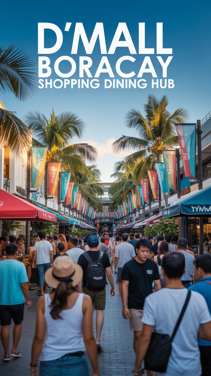 A vibrant, eye-catching promotional poster showcasing "D'Mall Boracay Shopping Dining Hub" with a panoramic view of the bustling mall under a clear blue sky, palm trees casting soft shadows, colorful signage and flags on the storefronts, and the scene bathed in warm tropical sunlight, capturing the lively, relaxing shopping and dining atmosphere.