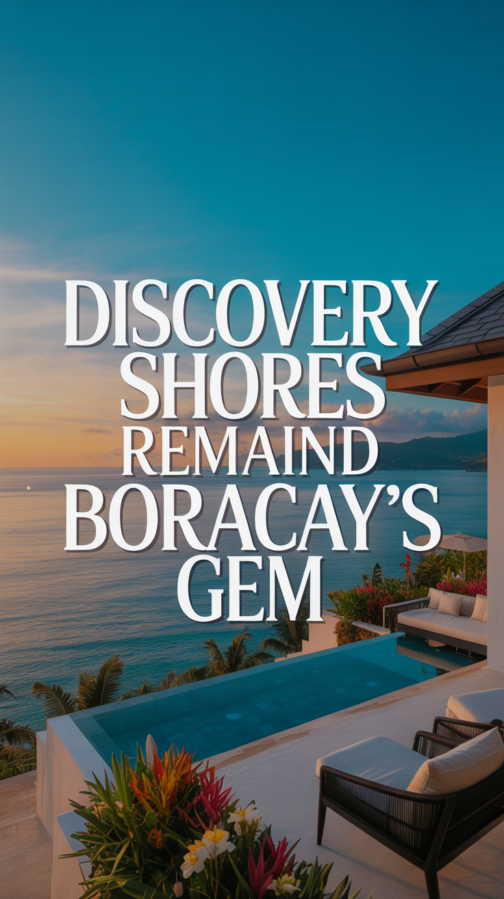 A breathtaking lifestyle advertisement for Discovery Shores Boracay showcases a luxurious beachfront villa with a private infinity pool overlooking a turquoise ocean at sunset. The scene features a perfectly composed view of the villa’s balcony, adorned with plush lounge chairs and vibrant tropical flowers, bathed in warm golden light reflecting off the water.