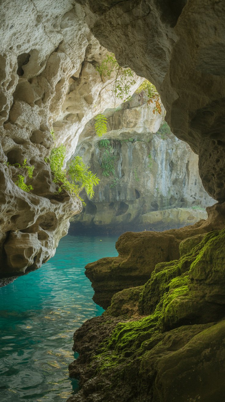 A photograph of the entrance to a limestone cave at Crystal Cove in Boracay, bathed in ethereal natural light. Sunlight streams through the cave opening, illuminating the intricate rock formations and highlighting the turquoise water visible within. The weathered limestone walls are covered in vibrant green moss and small ferns, creating a contrast against the bright, clear water. Soft, diffused lighting enhances the natural beauty of the cave, capturing a serene and inviting atmosphere.