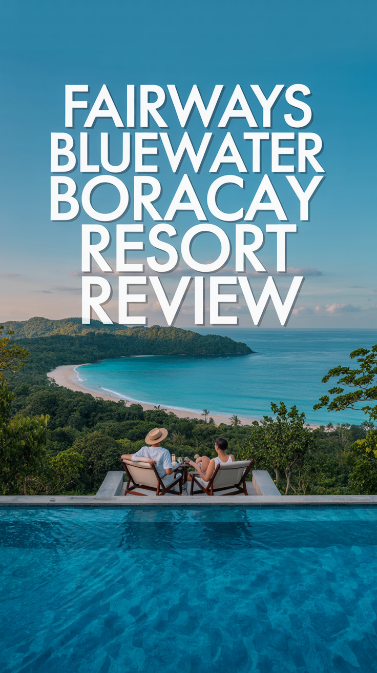 A stunning lifestyle advertisement for Fairways Bluewater Boracay Resort, showcasing a breathtaking panoramic view of a turquoise ocean meeting a pristine white-sand beach framed by lush tropical greenery. The foreground features a luxurious infinity pool seamlessly blending with the horizon, with a couple relaxing on comfortable lounge chairs, subtly hinting at the resort's exclusivity and tranquility, all bathed in the warm golden light of the late afternoon sun.