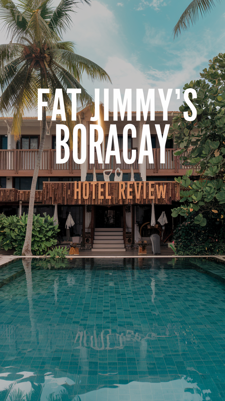 Fat Jimmy’s Boracay Hotel Review in bold overlay text on a realistic-style vertical image, likely showcasing a travel or hospitality theme.