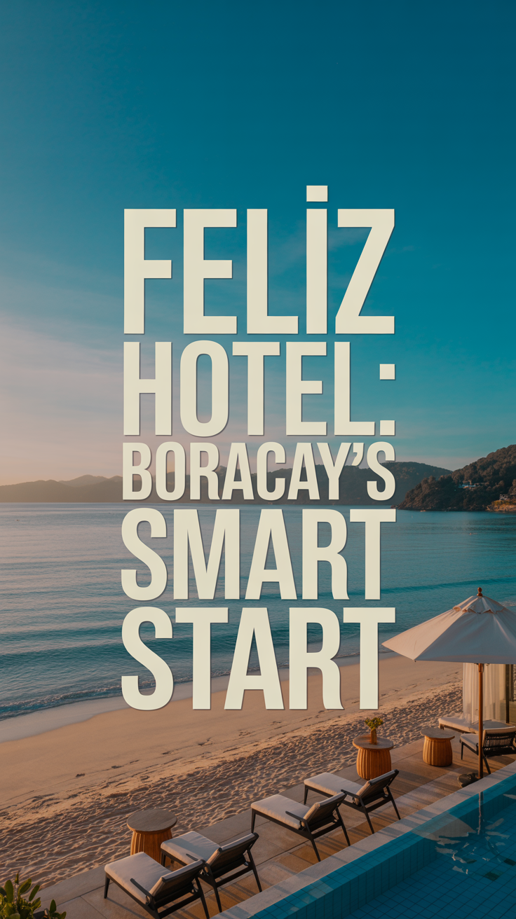 A lifestyle advertisement for Feliz Hotel showcasing a stunning panoramic view of Boracay’s white sand beach at sunrise, featuring a modern infinity pool in the foreground and stylish lounge chairs, all bathed in warm golden light reflected off turquoise waters, captured with a wide-angle lens to emphasize the beach’s vastness and the hotel’s luxurious setting, evoking tranquility and upscale comfort.