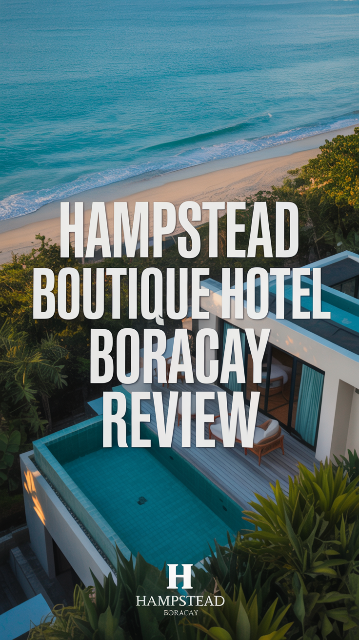 A luxurious lifestyle advertisement showcasing the Hampstead Boutique Hotel Boracay, featuring a stunning aerial view of a private plunge pool overlooking the turquoise waters and pristine white sands of Boracay beach. The scene is bathed in the warm golden light of late afternoon, with a sleek, modern villa featuring minimalist architecture and lush tropical greenery visible in the background, subtly displaying the hotel's signature blue accents. Large, elegant text overlayed in the center of the image boldly states "Hampstead Boutique Hotel Boracay Review" in a clean, modern font, with a small, sophisticated logo of the hotel discreetly placed in the bottom corner, conveying exclusivity and a tranquil, high-end vacation experience.