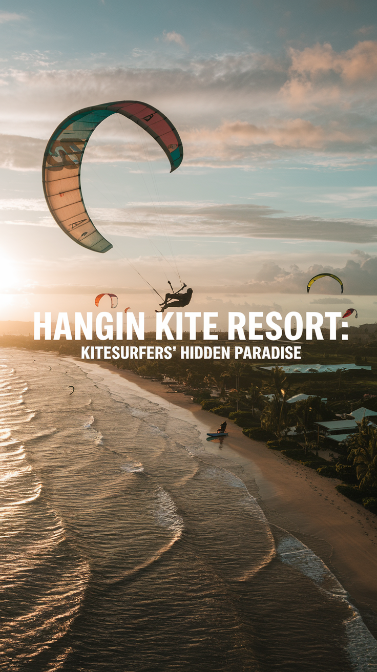 Big text overlay saying: Hangin Kite Resort: Kitesurfers' Hidden Paradise. No other text.