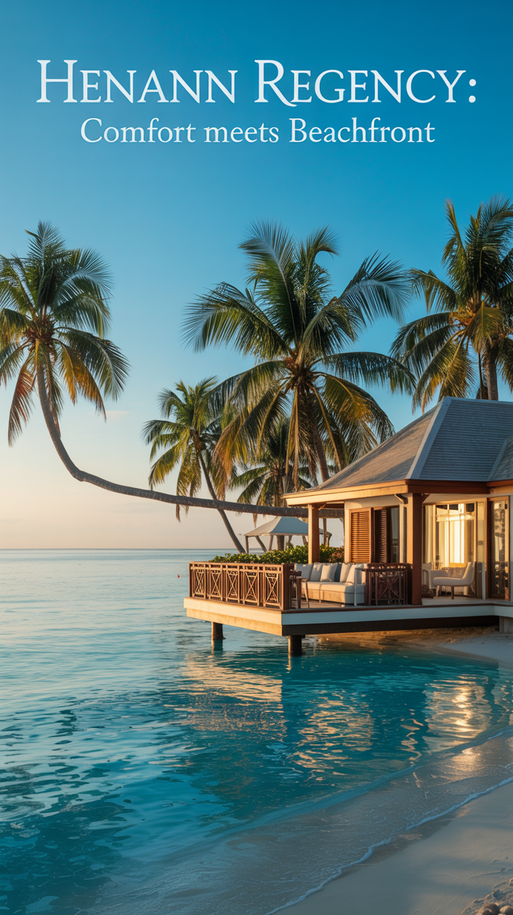 A vibrant promotional poster showcasing "Henann Regency: Comfort Meets Beachfront," featuring a luxurious beachfront resort with pristine white sand and turquoise water, swaying palm trees, a spacious balcony with elegant furniture, and a clear blue sky creating a warm, inviting atmosphere ideal for relaxation and paradise.