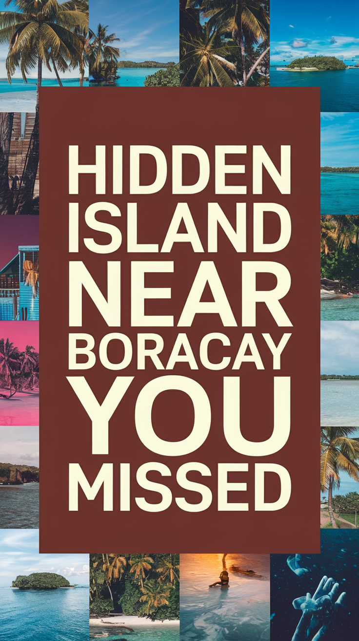 Big text overlay saying: Hidden Island Near Boracay You Missed. It's designed to immediately grab attention with its thick, distinctive lettering set prominently in a big dark colored box, utilizing a simple yet striking bold white color for the text. Surrounding this eye-catching typography, a collage of vibrant images.