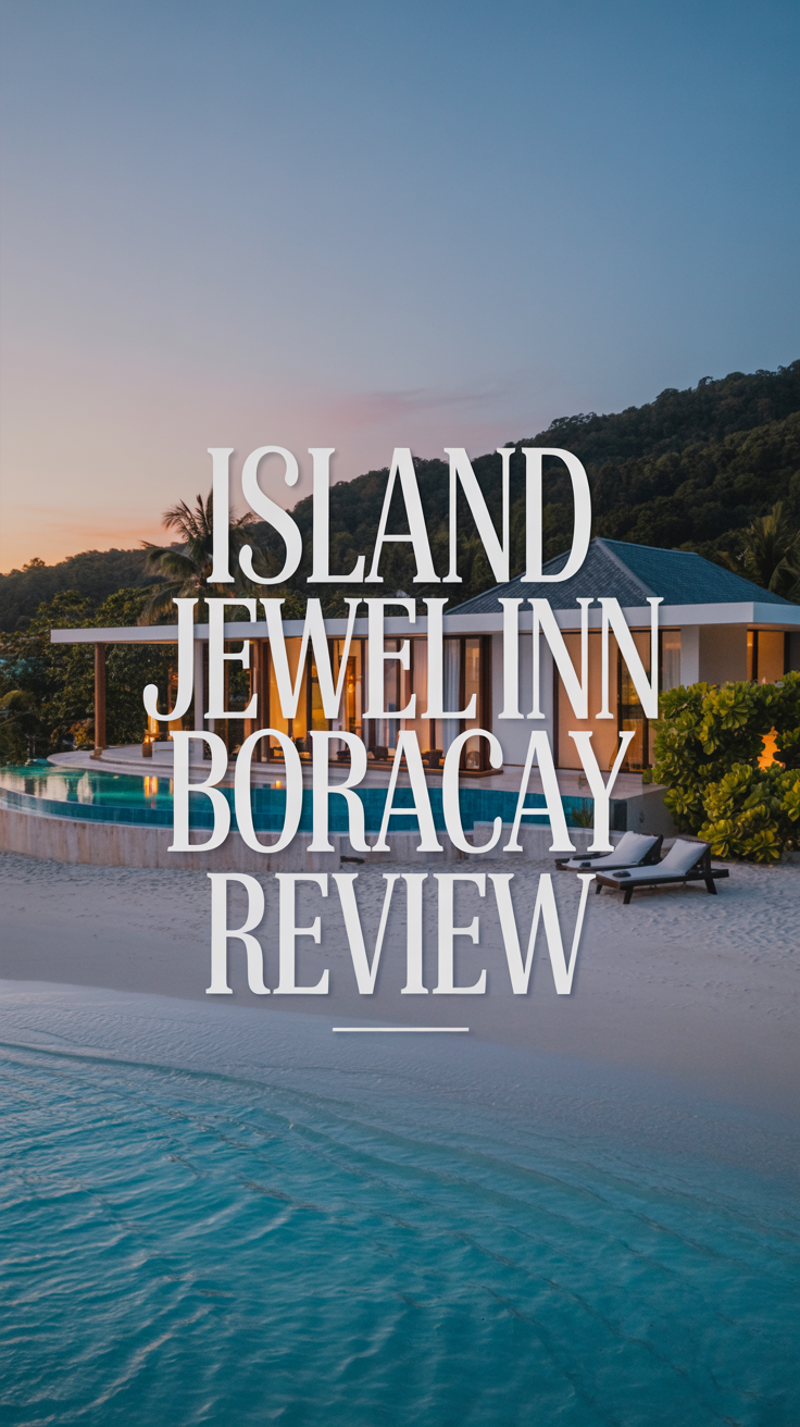 A luxurious lifestyle advertisement showcasing the Island Jewel Inn Boracay, featuring a wide-angle shot of a private beachfront villa at sunset, with crystal-clear turquoise water gently lapping against the white sand. The villa boasts a sleek, modern design with an infinity pool reflecting the vibrant orange and pink hues of the setting sun, accented by lush tropical foliage and elegantly arranged lounge chairs. Superimposed over the scene is a large, clean, white sans-serif text overlay reading "Island Jewel Inn Boracay Review" in a sophisticated font, subtly blending with the tranquil scene while maintaining prominent visibility, evoking a sense of serenity, exclusivity, and exceptional travel experience. The overall aesthetic is high-end, aspirational, and inviting, with soft, natural lighting and a shallow depth of field to draw focus to the villa and its stunning surroundings.