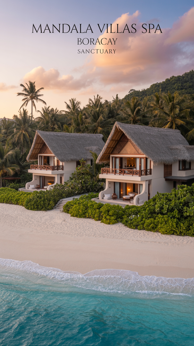 A luxurious travel poster showcasing "Mandala Villas Spa Boracay Sanctuary" at sunset, featuring elegant thatched-roof villas with natural wood accents nestled in lush tropical greenery and white sands, overlooking turquoise ocean waters; warm lighting and swaying palm trees enhance the tranquil, indulgent paradise atmosphere.