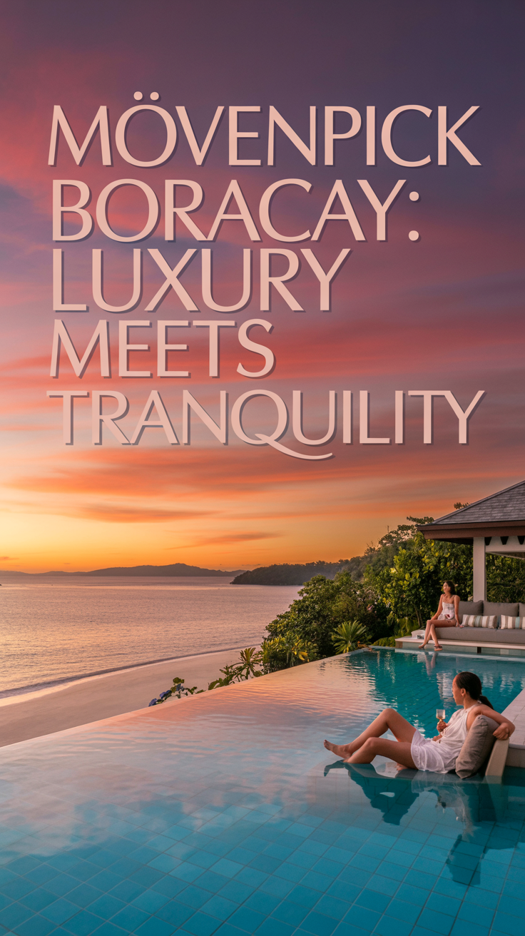 A luxurious lifestyle advertisement for Mövenpick Boracay showcasing a stunning infinity pool overlooking a pristine white-sand beach at sunset, with turquoise water blending seamlessly into the vibrant orange and pink sky. Elegantly dressed guests relax on plush daybeds amid meticulously landscaped tropical foliage and refined resort architecture, all captured in warm lighting using a wide-angle lens to emphasize tranquility and indulgence.