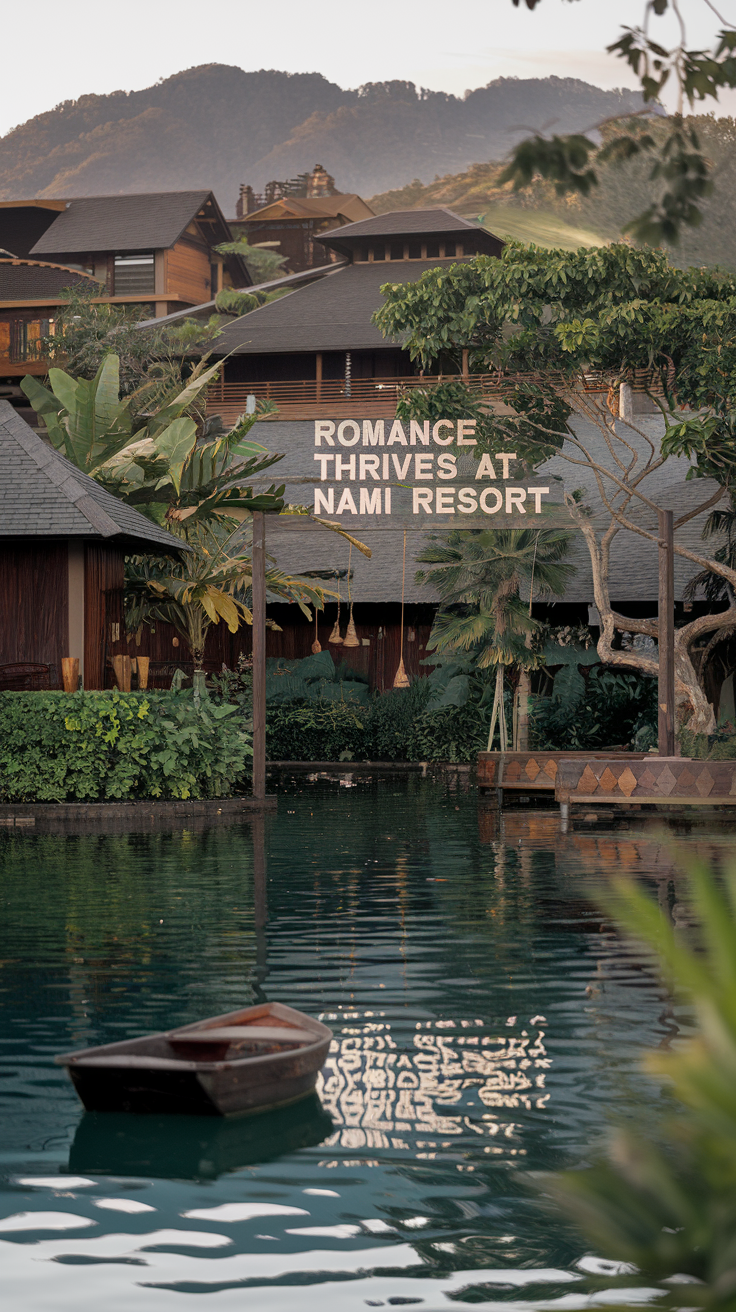 A photo of a luxurious resort with a prominent sign that says "Romance thrives at Nami Resort"; the serene setting includes lush greenery, a calm lake with small boats, wooden structures, tree-hung swings, and distant mountains with scattered houses under soft lighting.