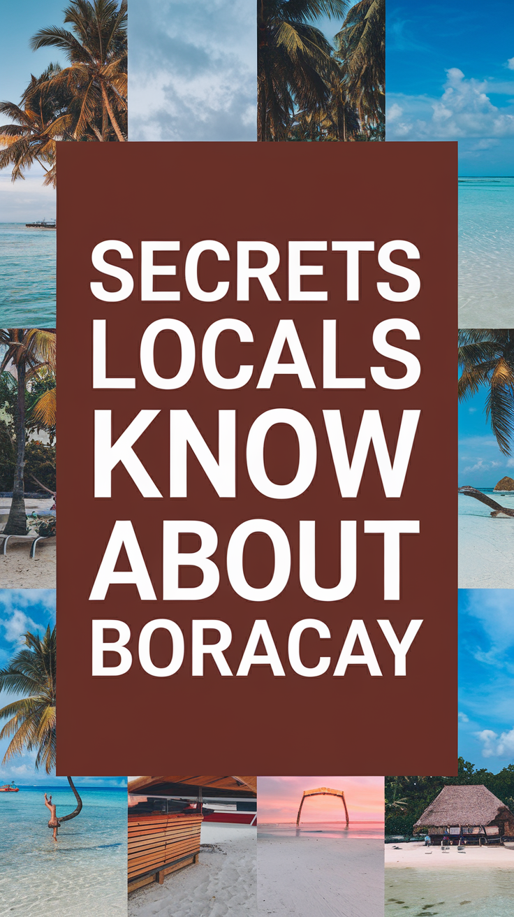 Big text overlay saying: Secrets Locals Know About Boracay. It's designed to immediately grab attention with its thick, distinctive lettering set prominently in a big dark colored box, utilizing a simple yet striking bold white color for the text. Surrounding this eye-catching typography, a collage of vibrant images.