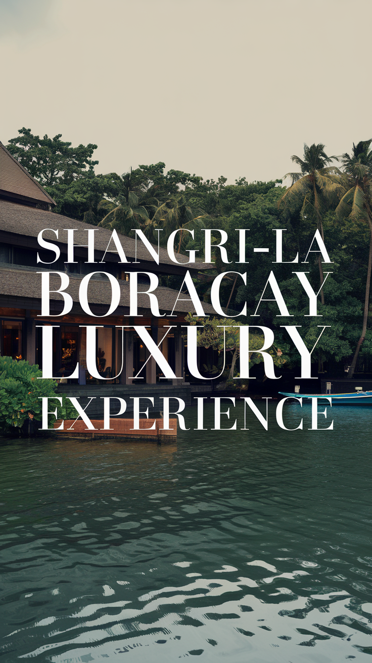 A photo of the Shangri-La Boracay luxury resort featuring its elegant exterior architecture surrounded by lush greenery and a serene body of water, with a few boats in the background under an overcast sky. Large text overlay reads: "Shangri-La Boracay Luxury Experience."