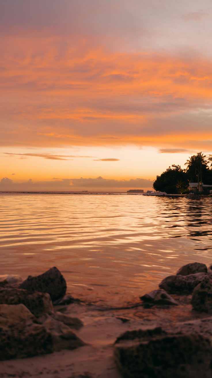 A serene sunset scene at Sundown Beach Studios in Boracay, showcasing a calm sea reflecting the warm orange and pink hues of the sky, with rocks in the foreground, a clear horizon, and a few buildings visible in the background.