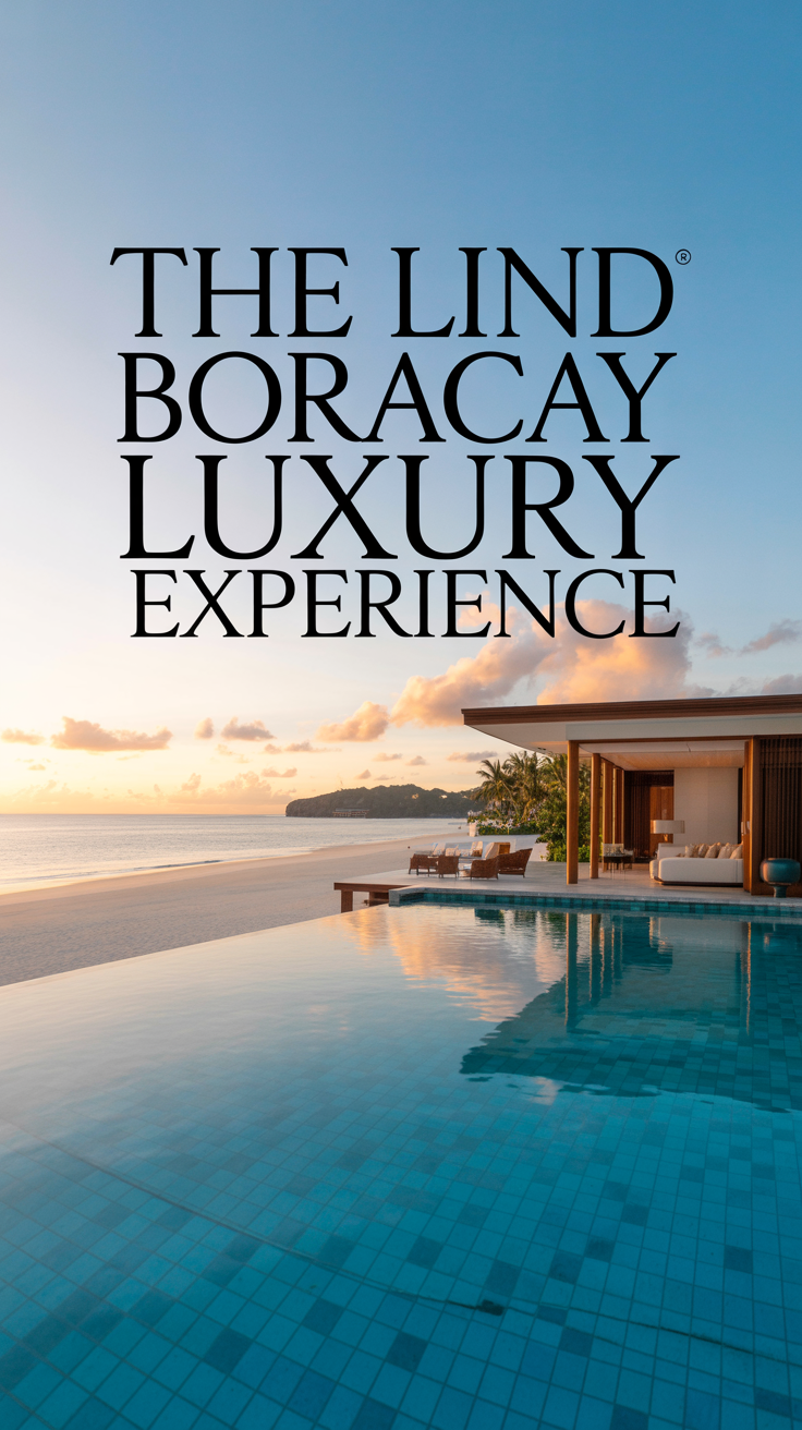 A breathtaking lifestyle advertisement for The Lind Boracay, showcasing an infinity pool overlooking a pristine white-sand beach and turquoise ocean at sunset, with a luxurious overwater villa, sleek modern design, and warm golden light reflecting on the water—emphasizing serene indulgence, exclusive amenities, and a harmonious connection to nature.
