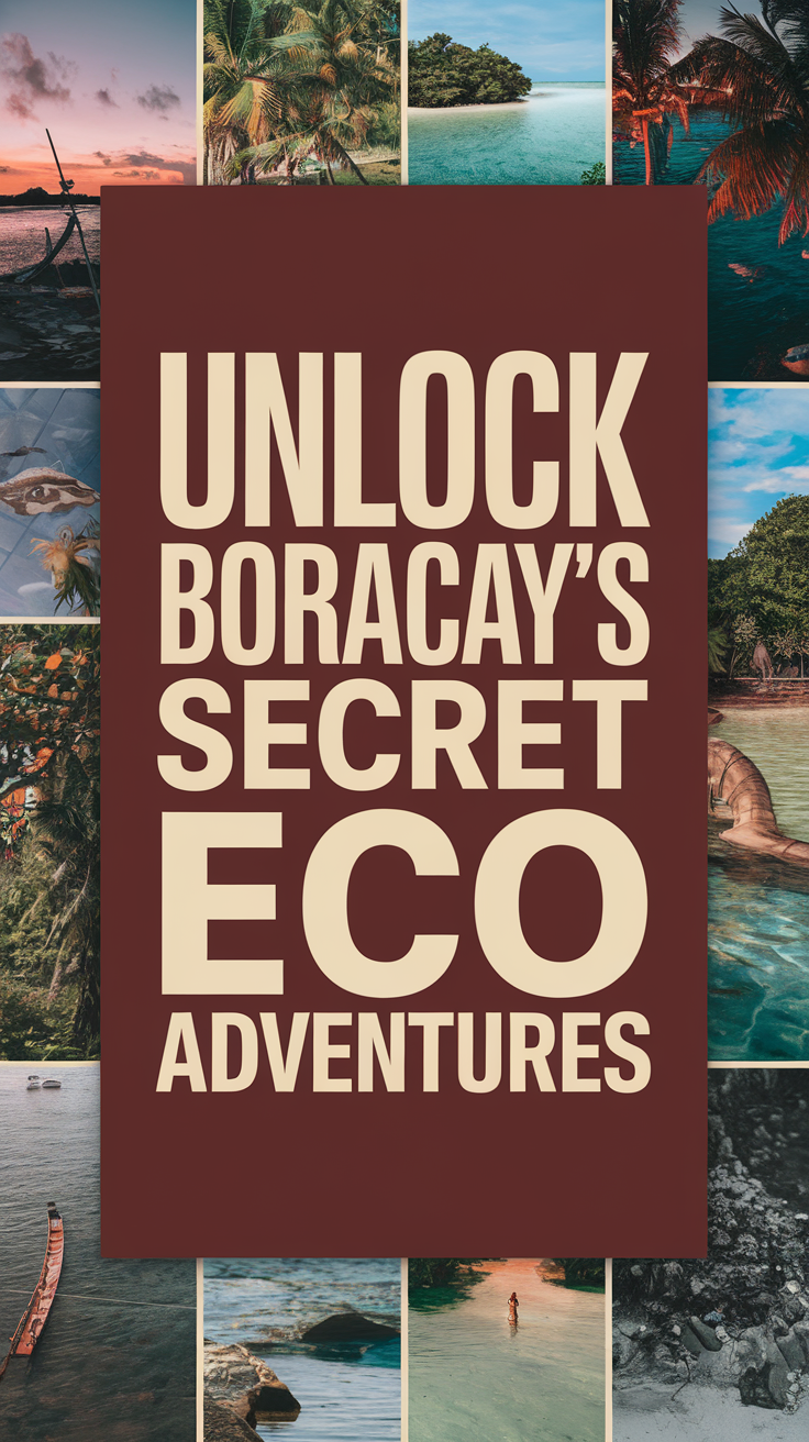 Unlock Boracay's secret eco adventures with bold white text over a dark box, set against a vibrant collage of natural scenery, capturing the island’s lush landscapes and thrilling outdoor experiences.