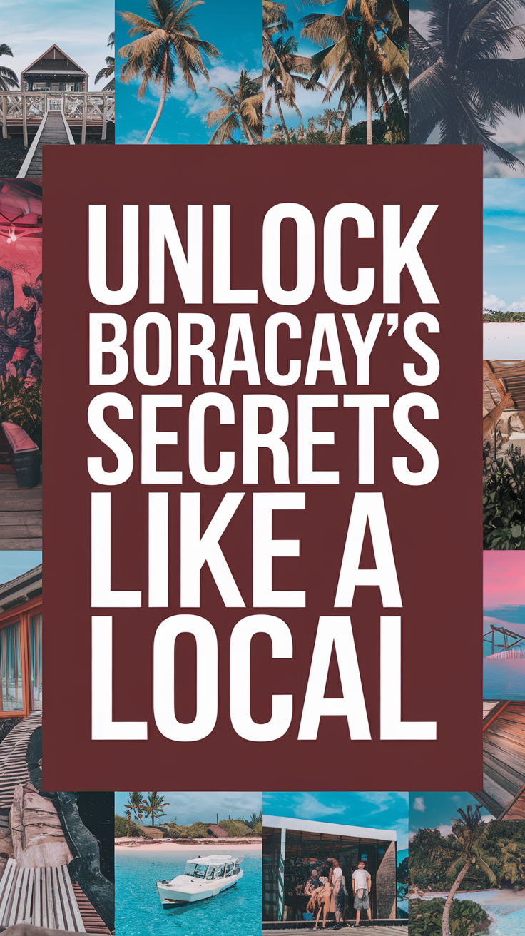 Unlock Boracay’s Secrets Like a Local set in bold white text over a dark box, surrounded by a vibrant collage of realistic vacation and travel imagery