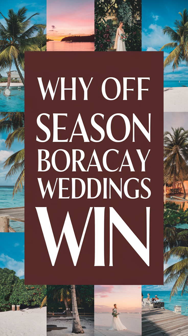Big text overlay saying: Why Off-Season Boracay Weddings Win. It's designed to immediately grab attention with its thick, distinctive lettering set prominently in a big dark colored box, utilizing a simple yet striking bold white color for the text. Surrounding this eye-catching typography, a collage of vibrant images. Alt Tag: Bold white text reading “Why Off-Season Boracay Weddings Win” inside a large dark box, surrounded by a vibrant collage of wedding-themed imagery, designed to capture attention with a clean and striking visual style.
