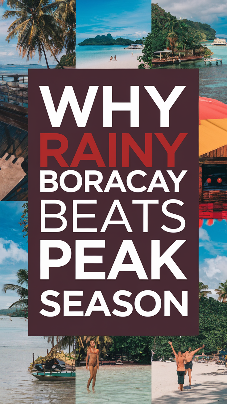 Big text overlay saying: Why Rainy Boracay Beats Peak Season. It's designed to immediately grab attention with its thick, distinctive lettering set prominently in a big dark colored box, utilizing a simple yet striking bold white color for the text. Surrounding this eye-catching typography, a collage of vibrant images.