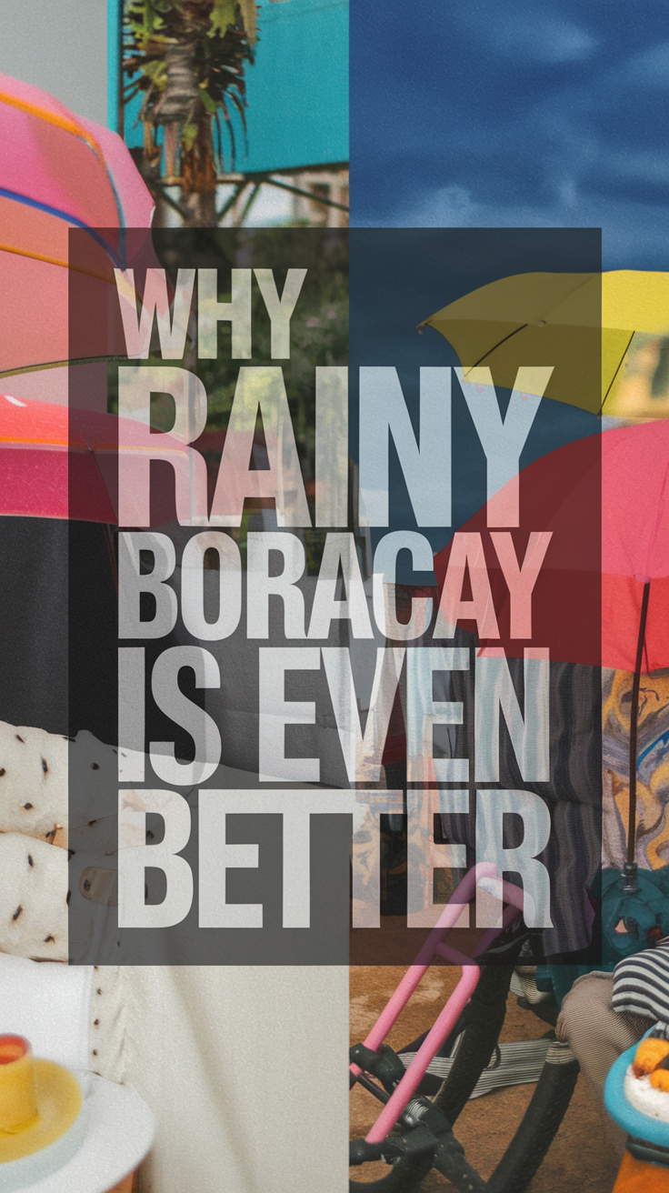 Why Rainy Boracay Is Even Better — bold white text in thick, distinctive lettering placed prominently in a large dark-colored box, surrounded by a vibrant collage of realistic images showcasing the beauty of Boracay during rainy weather.