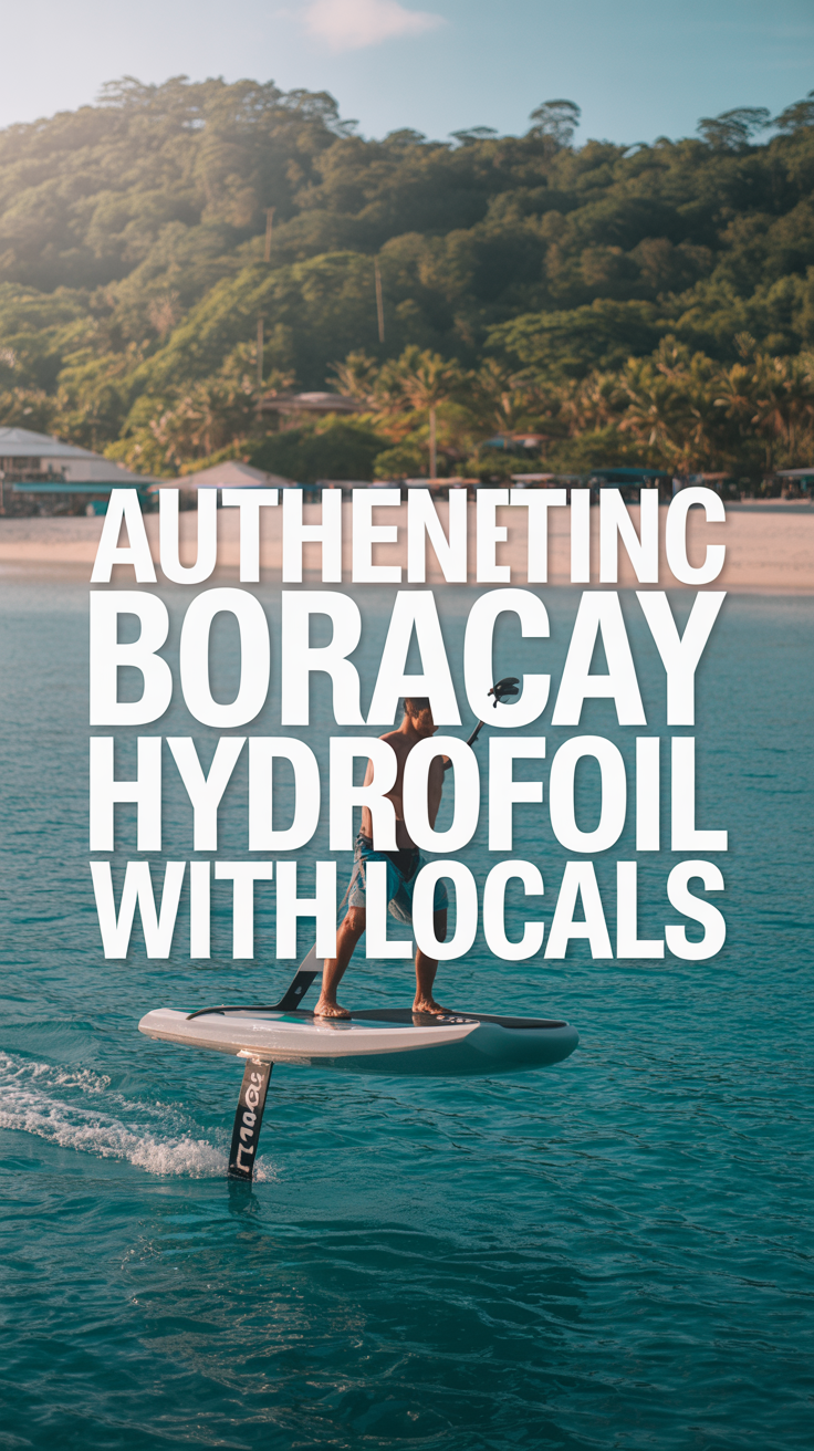 A vibrant lifestyle advertisement showcasing an exhilarating hydrofoil experience in Boracay, Philippines, featuring a skilled local rider gracefully gliding over turquoise waters with a backdrop of a pristine white sand beach and lush tropical vegetation. The scene is bathed in golden hour sunlight, emphasizing the sleek hydrofoil design and dynamic motion. Bold, modern text reads "Authentic Boracay Hydrofoil with Locals," enhancing the energetic, adventurous aesthetic.