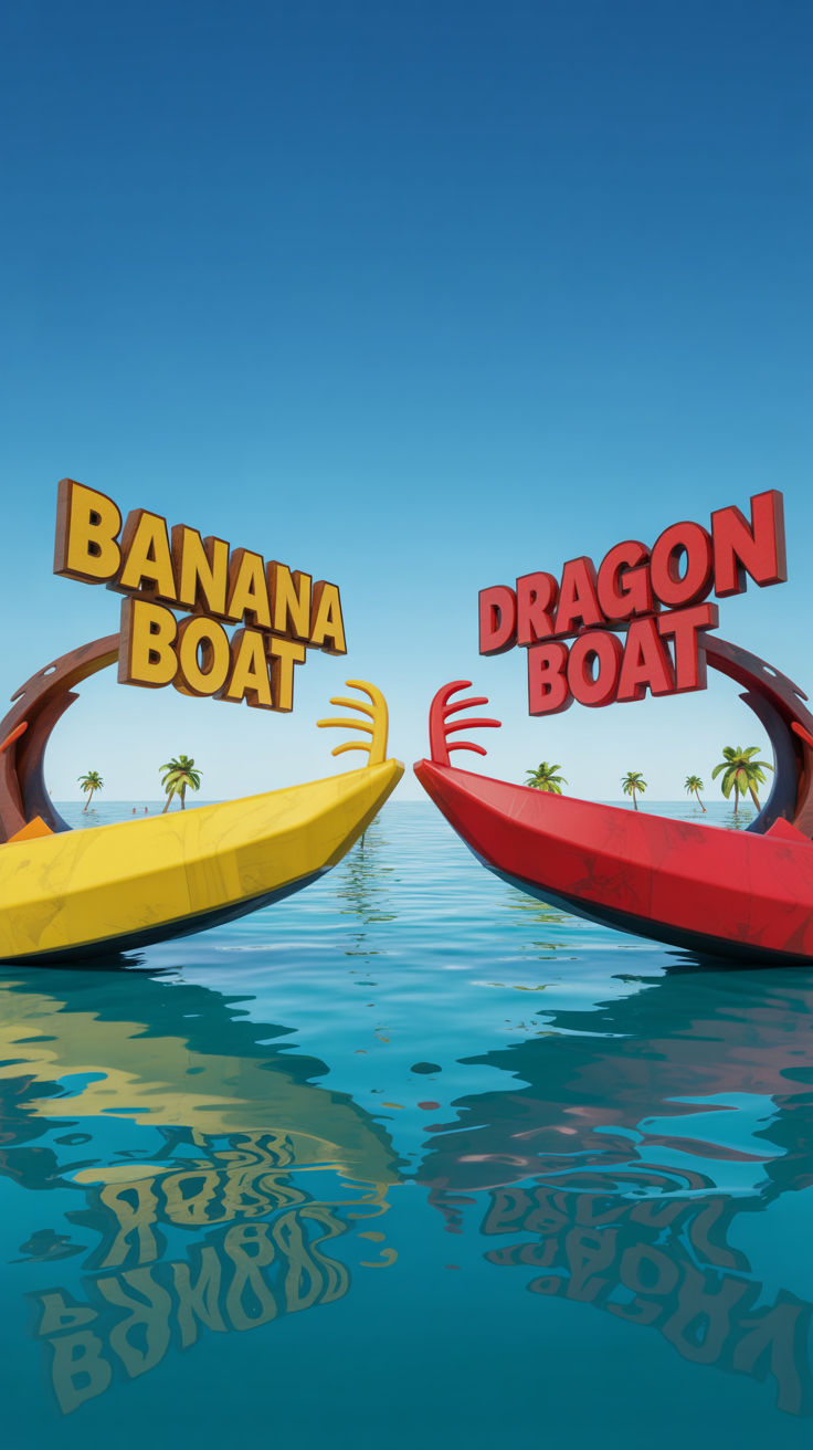 A vibrant, playful digital art poster showcasing a head-to-head competition between "Banana Boat" and "Dragon Boat." Two stylized cartoon boats face off in dynamic, shallow turquoise waters, each emblazoned with their respective names in bold, contrasting colors. Bright sunlight sparkles off the water, creating an energetic, tropical summer vibe, while scattered palm trees and a clear blue sky complete the cheerful scene.
