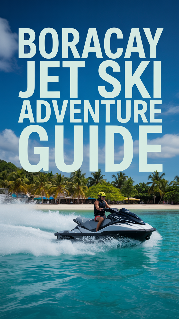 A vibrant realistic travel poster of a thrilling jet ski adventure in Boracay, featuring a sleek jet ski cutting through turquoise waters and spraying white water toward the viewer, framed by palm trees, a white sand beach, and a clear blue sky with fluffy clouds.