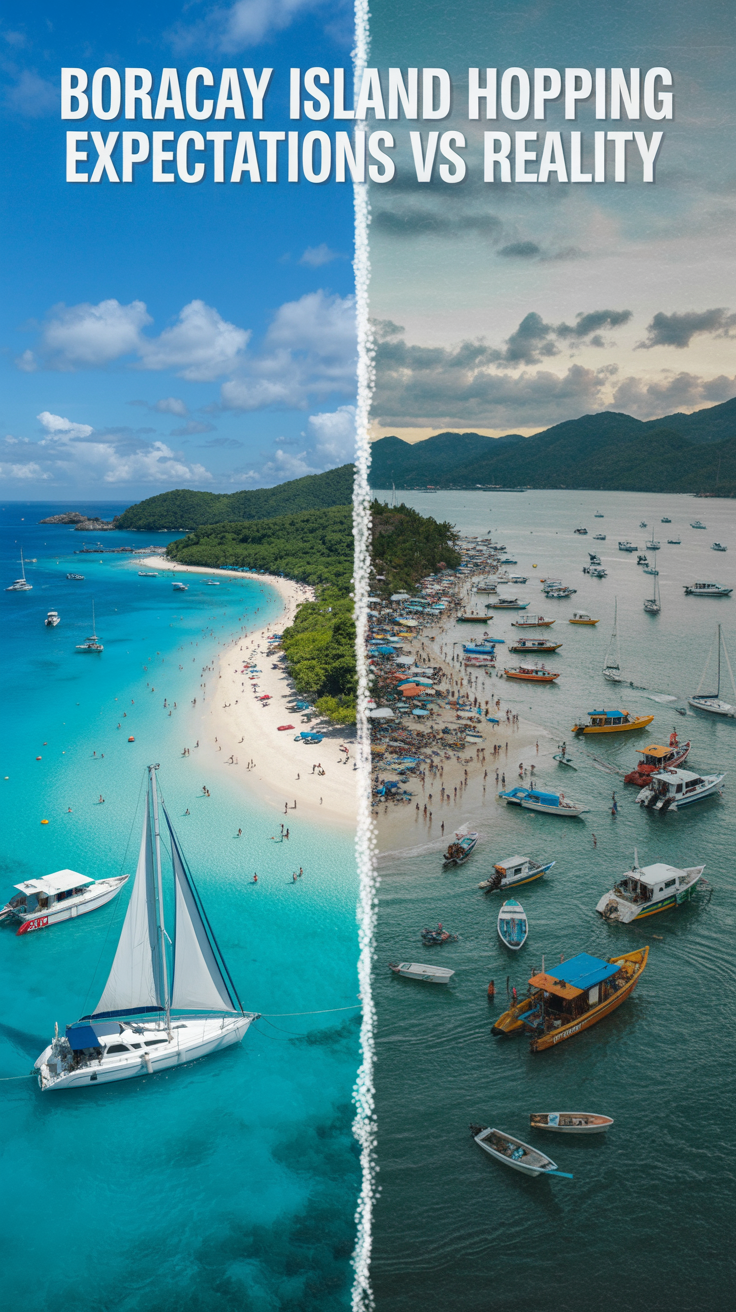 A split-screen digital illustration contrasting "Boracay island hopping expectations vs reality." The left side features a dreamlike tropical paradise with turquoise waters, white sand beaches, and elegant sailboats under a clear blue sky. The right side reveals a more realistic scene — a congested beach with murky water, scattered trash, and densely packed boats, accentuated by a grainy texture to highlight the stark difference.