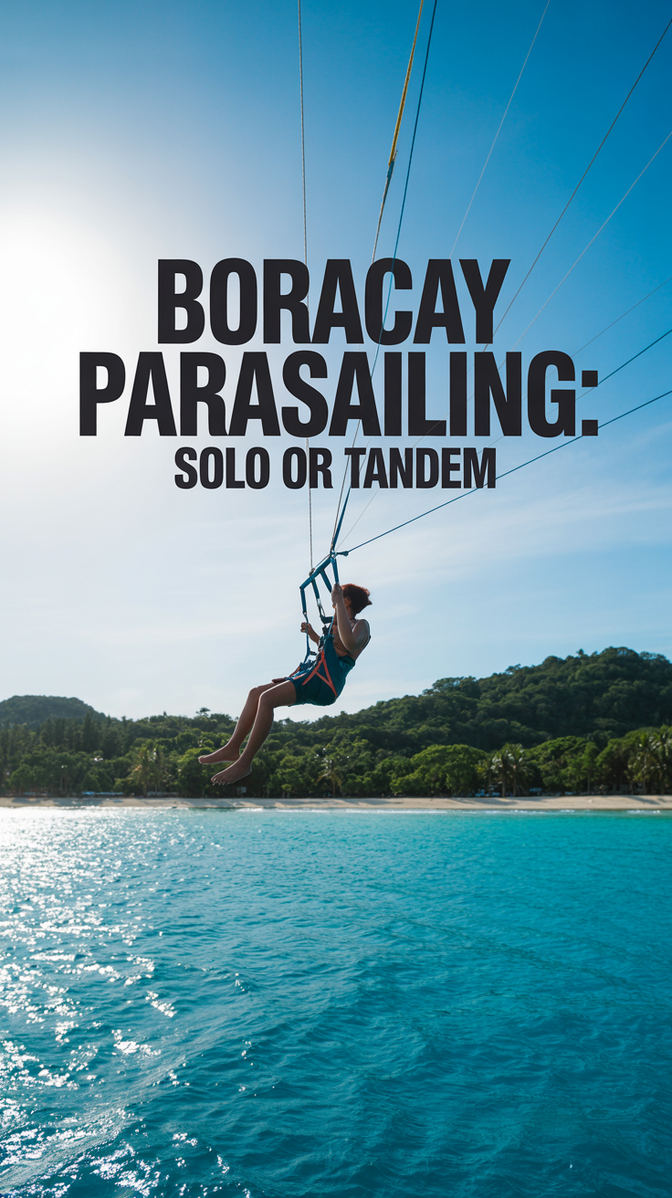A vibrant lifestyle advertisement showcasing the thrill of parasailing in Boracay, featuring a single adventurer soaring high above turquoise waters with pristine white sand beaches and lush tropical vegetation in the background; the parasailor is silhouetted against a bright blue sky, sunlight shimmering on the ocean surface, creating an energetic, adventurous, and inviting scene with a wide-angle view emphasizing freedom and tropical paradise.