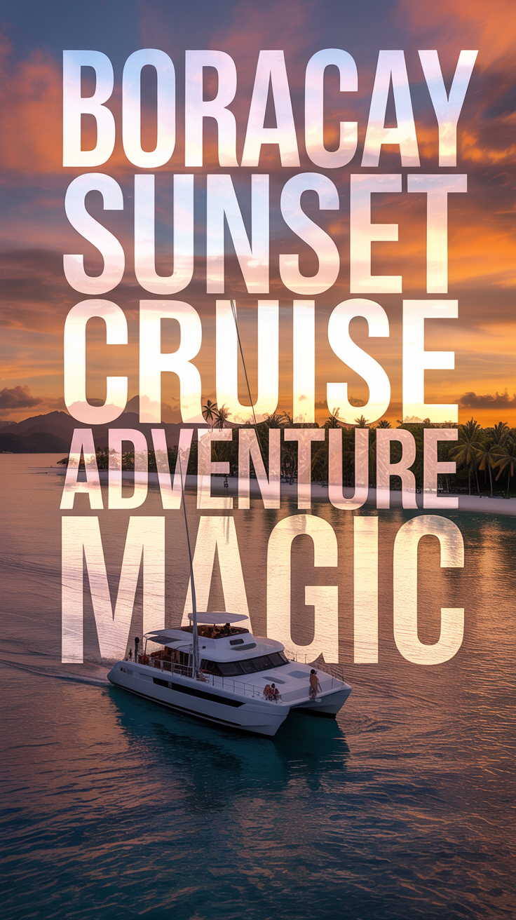 A vibrant travel poster showcasing a breathtaking Boracay sunset cruise adventure. A luxurious catamaran with silhouetted passengers glides across calm turquoise water toward a fiery orange and pink sunset horizon. Wispy clouds reflect golden light in the sky, while palm trees fringe a white-sand beach in the background, creating a stunning tropical paradise.