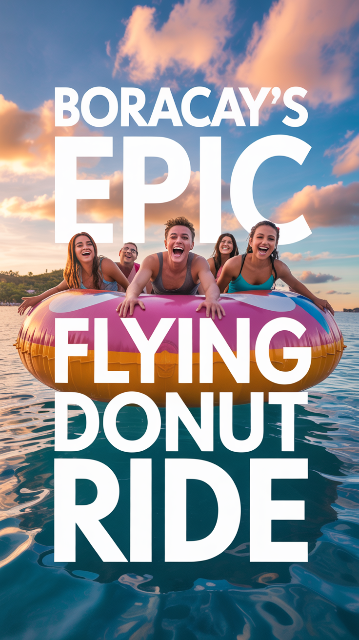 A vibrant lifestyle advertisement showcasing Boracay's unique "flying donut ride" – a giant inflatable donut suspended above the turquoise waters and white sands of Boracay beach. The image features joyful tourists riding the donut against a stunning sunset sky filled with warm oranges, pinks, and purples, with reflections dancing on the clear blue water. Bold, modern sans-serif typography proclaims "Boracay's epic flying donut ride," complementing the scene without blocking the main visual, capturing the fun, energy, and tropical adventure of this unforgettable vacation experience.