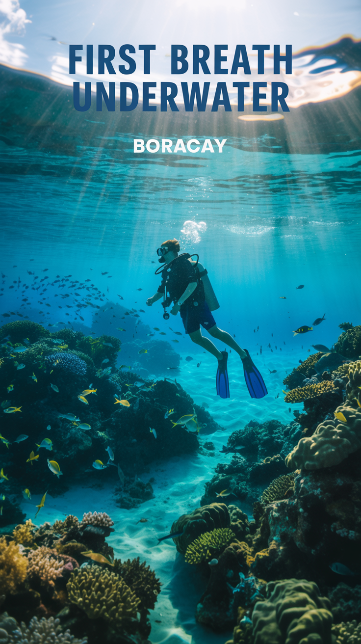 A vibrant travel poster of a breathtaking underwater scene in Boracay, featuring a scuba diver taking their "First Breath Underwater." The diver's silhouette is illuminated by sunlight filtering through turquoise water, surrounded by lush coral reefs and colorful fish. The scene evokes adventure and serenity with warm, tropical lighting and shimmering surface waves.