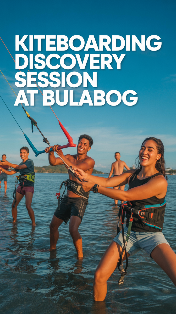 A vibrant lifestyle advertisement showcasing a kiteboarding discovery session at Bulabog beach, Philippines, featuring a diverse group of smiling individuals learning to kiteboard against a backdrop of turquoise water and a clear blue sky; dynamic poses, colorful kites, and golden-hour sunlight convey excitement, adventure, and accessible learning in a playful, energetic beach setting.